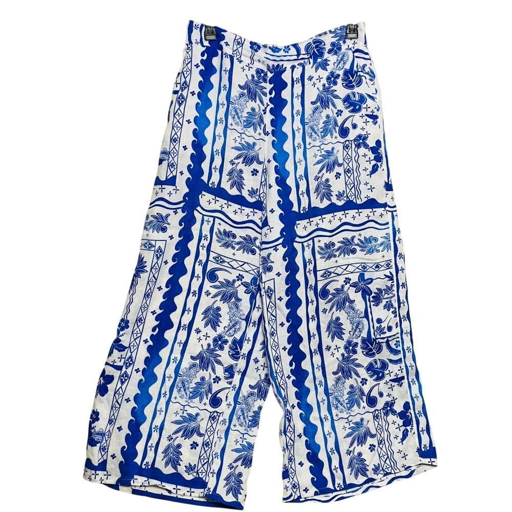 Joie Linen Wide Leg Pants Womens XL Blue White Tropical Floral Crop Excellent